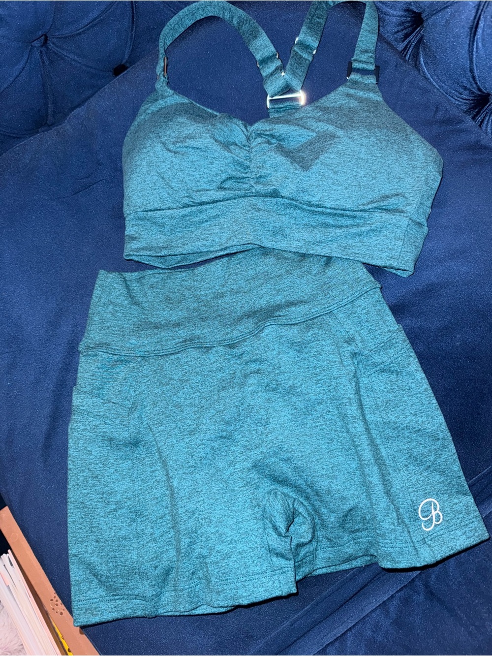Bombshell Sportswear Curves Teal High-Waist Short and Sports Bra Set - Picture 6 of 7